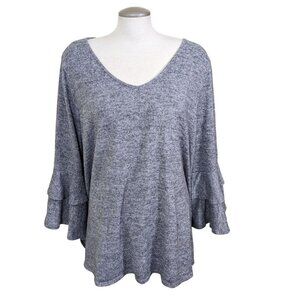 Womens Plus Size Sweater 3X Heathered Gray Double Bell Sleeves V Neck Plush Soft